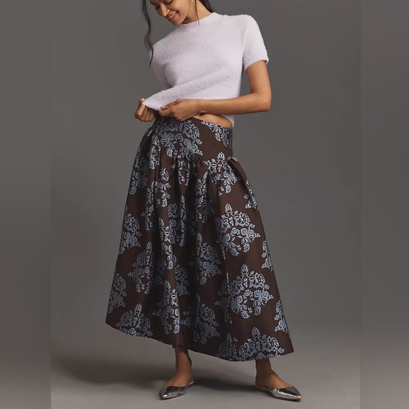 Anthropologie Dresses & Skirts - Anthropologie Brocade Brown And Blue Floral Full Midi Skirt NWOT
